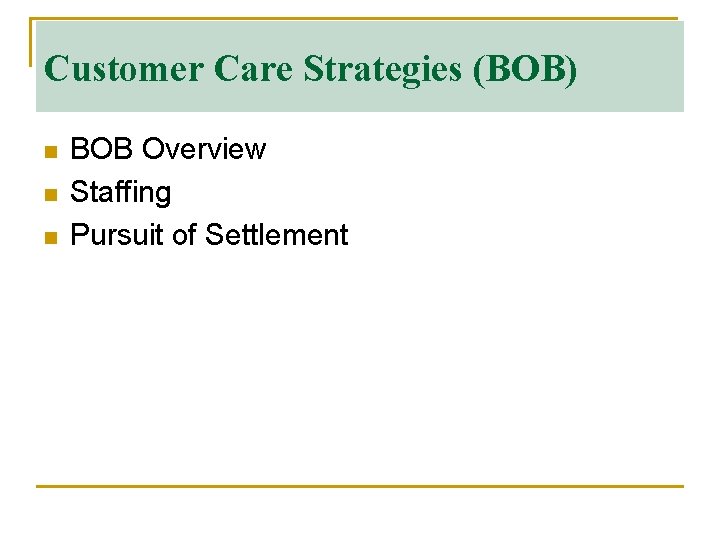 Customer Care Strategies (BOB) n n n BOB Overview Staffing Pursuit of Settlement 
