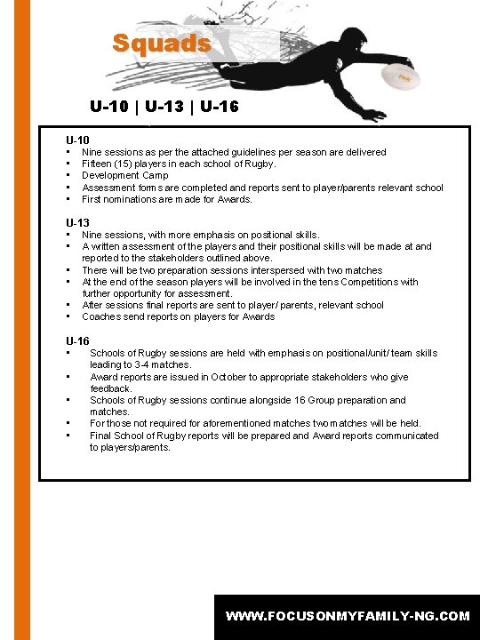 Squads U-10 | U-13 | U-16 U-10 • Nine sessions as per the attached