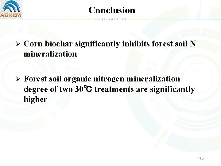 Conclusion Ø Corn biochar significantly inhibits forest soil N mineralization Ø Forest soil organic
