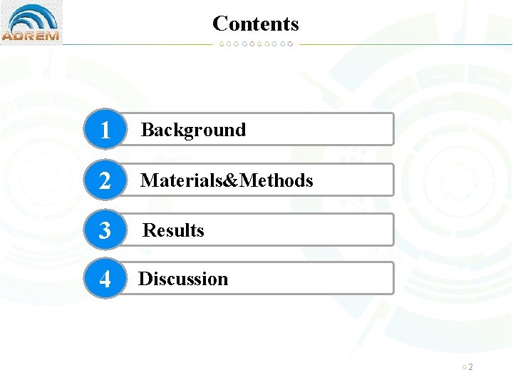 Contents 1 Background 2 Materials&Methods 3 Results 4 Discussion 2 