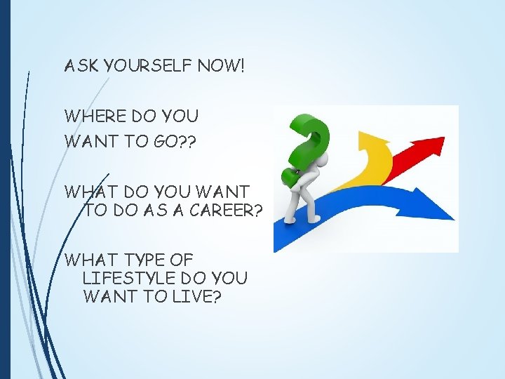 ASK YOURSELF NOW! WHERE DO YOU WANT TO GO? ? WHAT DO YOU WANT