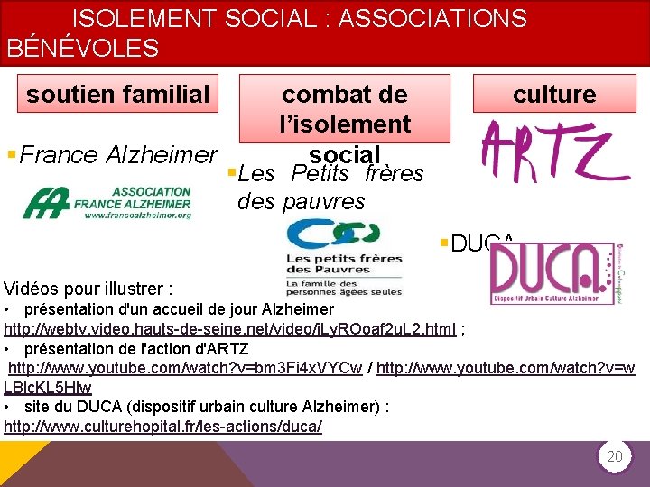 ISOLEMENT SOCIAL : ASSOCIATIONS BÉNÉVOLES soutien familial §France Alzheimer combat de l’isolement social culture