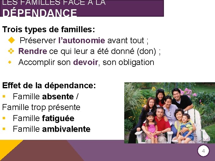 LES FAMILLES FACE À LA DÉPENDANCE Trois types de familles: u Préserver l’autonomie avant