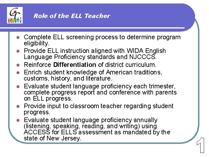 Role of the ELL Teacher l l l l Complete ELL screening process to