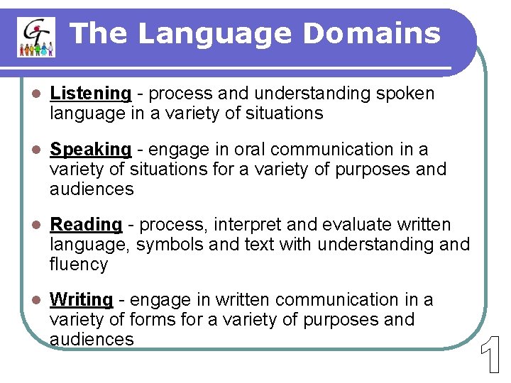 The Language Domains l Listening - process and understanding spoken language in a variety