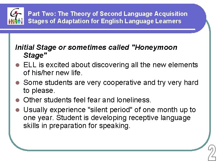 Part Two: Theory of Second Language Acquisition Stages of Adaptation for English Language Learners