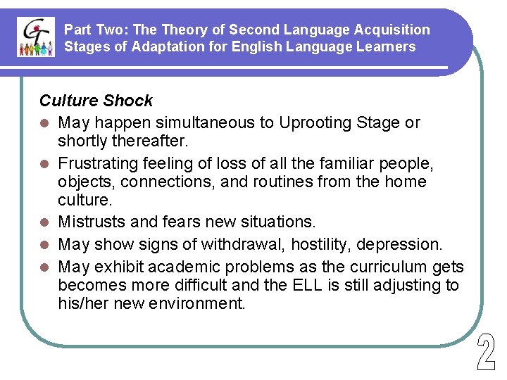 Part Two: Theory of Second Language Acquisition Stages of Adaptation for English Language Learners