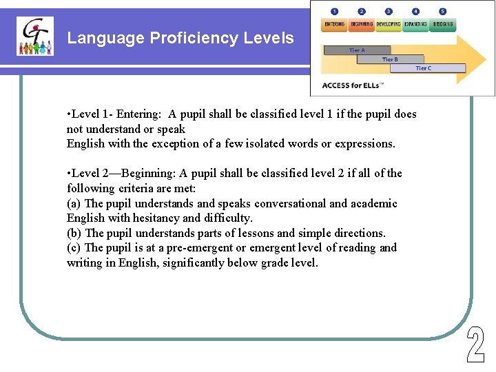 Language Proficiency Levels • Level 1 - Entering: A pupil shall be classified level
