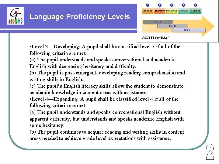 Language Proficiency Levels • Level 3—Developing: A pupil shall be classified level 3 if