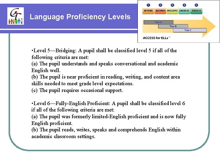 Language Proficiency Levels • Level 5—Bridging: A pupil shall be classified level 5 if