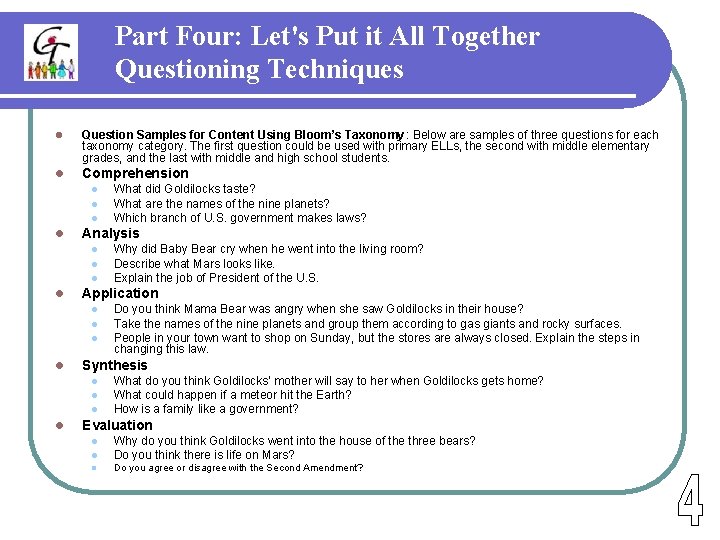 Part Four: Let's Put it All Together Questioning Techniques l Question Samples for Content