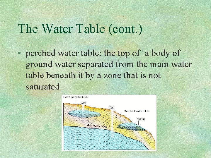 The Water Table (cont. ) • perched water table: the top of a body