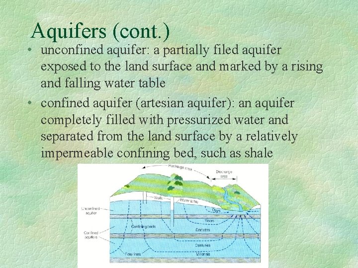 Aquifers (cont. ) • unconfined aquifer: a partially filed aquifer exposed to the land