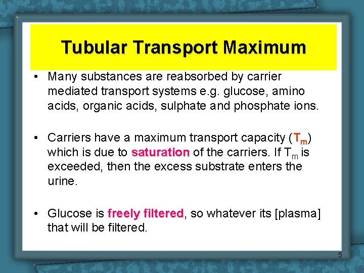 Tubular Transport Maximum • Many substances are reabsorbed by carrier mediated transport systems e.
