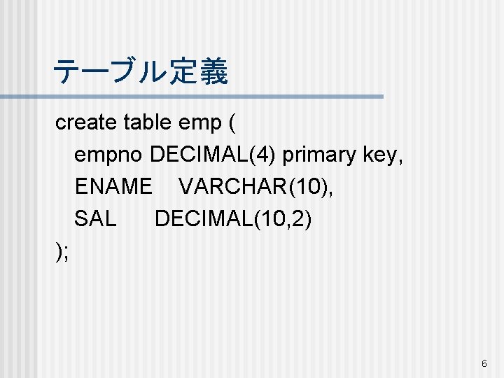 テーブル定義 create table emp ( empno DECIMAL(4) primary key, ENAME VARCHAR(10), SAL DECIMAL(10, 2)