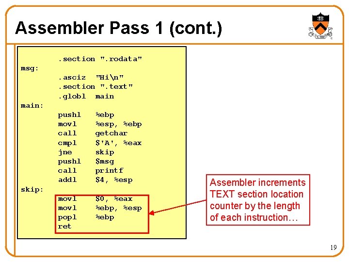 Assembler Pass 1 (cont. ). section ". rodata" msg: . asciz "Hin". section ".