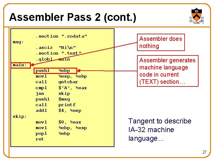 Assembler Pass 2 (cont. ). section ". rodata" msg: . asciz "Hin". section ".