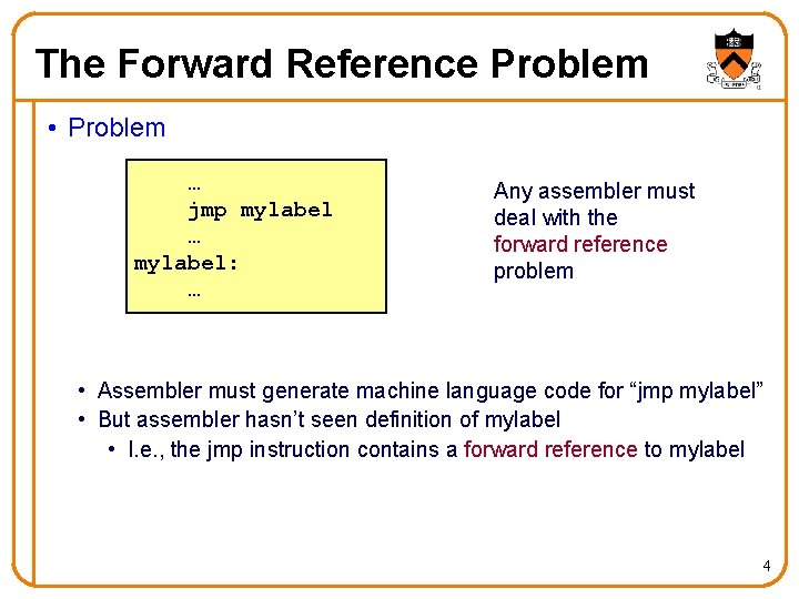 The Forward Reference Problem • Problem … jmp mylabel … mylabel: … Any assembler