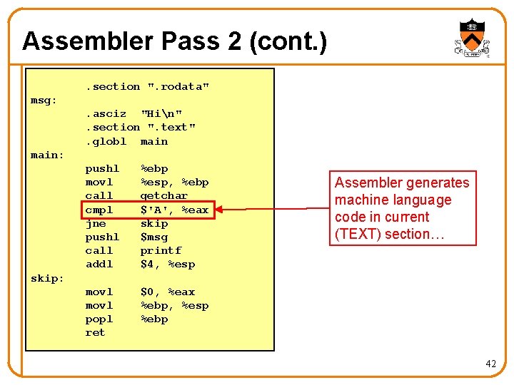 Assembler Pass 2 (cont. ). section ". rodata" msg: . asciz "Hin". section ".