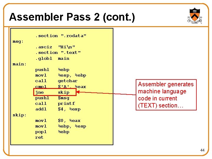 Assembler Pass 2 (cont. ). section ". rodata" msg: . asciz "Hin". section ".