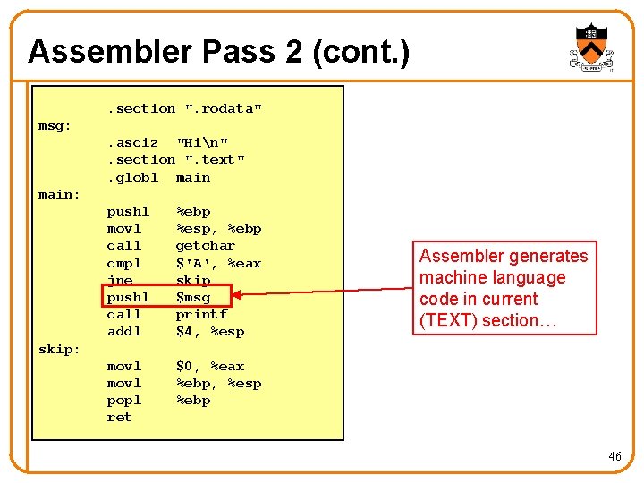 Assembler Pass 2 (cont. ). section ". rodata" msg: . asciz "Hin". section ".