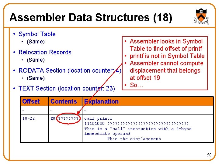 Assembler Data Structures (18) • Symbol Table • Assembler looks in Symbol Table to