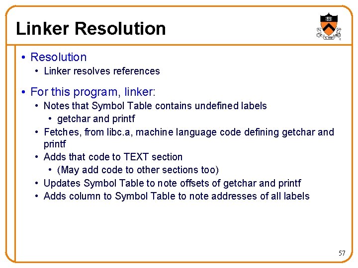 Linker Resolution • Linker resolves references • For this program, linker: • Notes that
