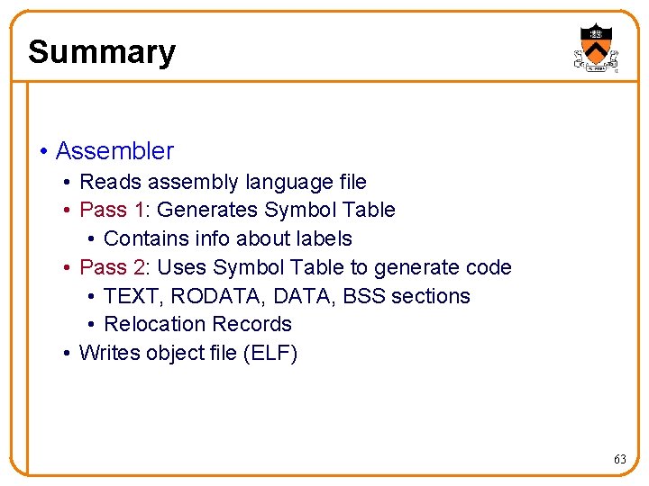 Summary • Assembler • Reads assembly language file • Pass 1: Generates Symbol Table