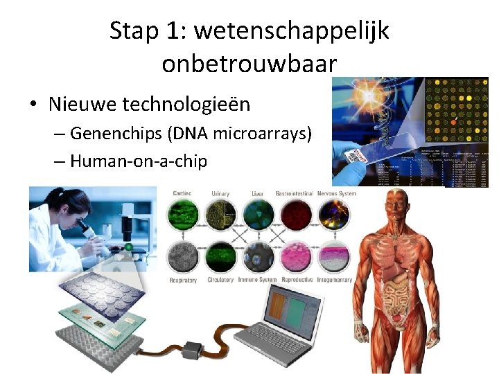 Stap 1: wetenschappelijk onbetrouwbaar • Nieuwe technologieën – Genenchips (DNA microarrays) – Human-on-a-chip 