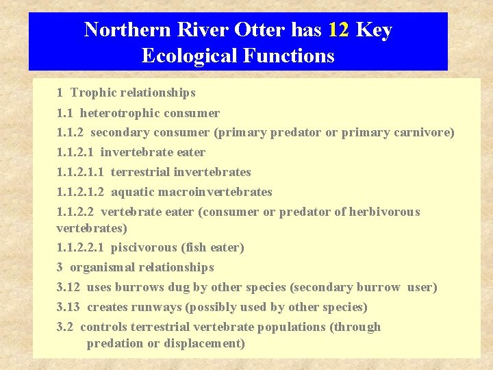 Northern River Otter has 12 Key Ecological Functions 1 Trophic relationships 1. 1 heterotrophic