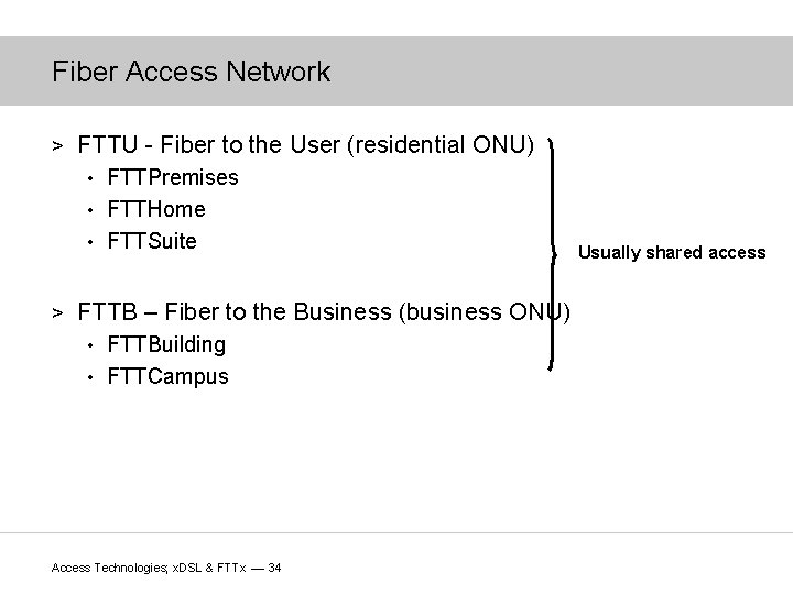 Fiber Access Network > FTTU - Fiber to the User (residential ONU) FTTPremises •