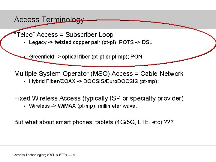 Access Terminology “Telco” Access = Subscriber Loop • Legacy -> twisted copper pair (pt-pt);