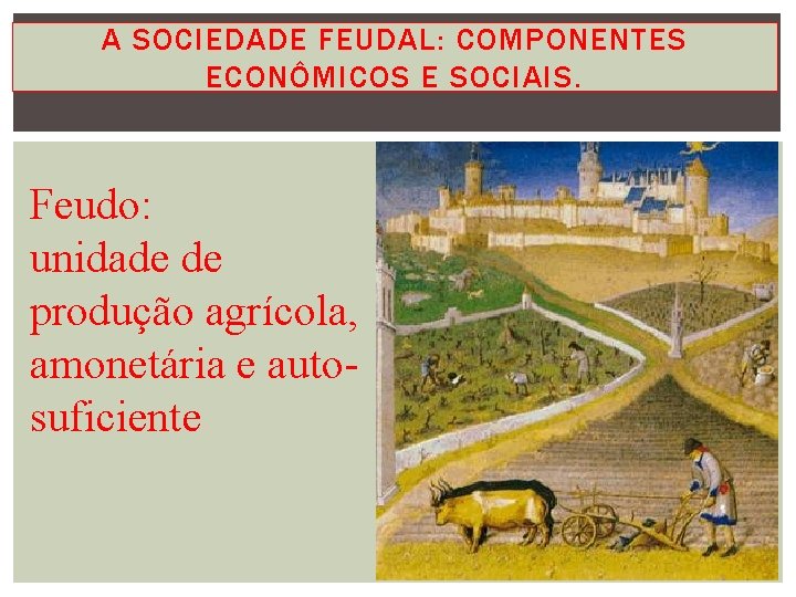 A SOCIEDADE FEUDAL: COMPONENTES ECONÔMICOS E SOCIAIS. Feudo: unidade de produção agrícola, amonetária e