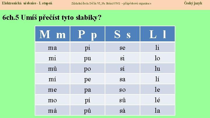 Elektronická učebnice - I. stupeň Český jazyk Základní škola Děčín VI, Na Stráni 879/2