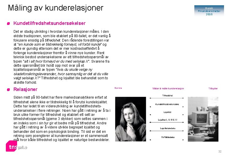 Måling av kunderelasjoner Norsk Finansbarometer 2010 Kundetilfredshetsundersøkelser Det er stadig utvikling i hvordan kunderelasjoner