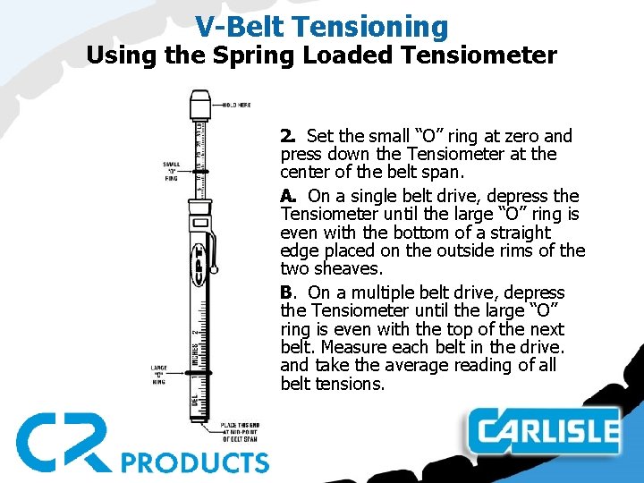 V-Belt Tensioning Using the Spring Loaded Tensiometer 2. Set the small “O” ring at