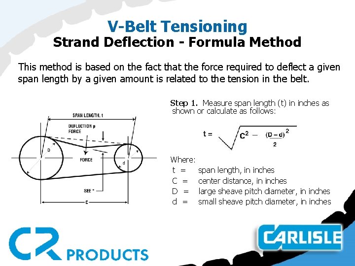 V-Belt Tensioning Strand Deflection - Formula Method This method is based on the fact