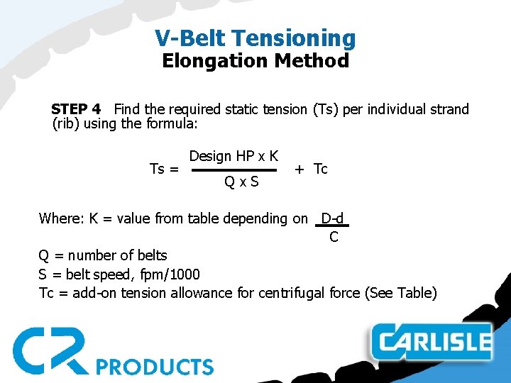 V-Belt Tensioning Elongation Method STEP 4 Find the required static tension (Ts) per individual