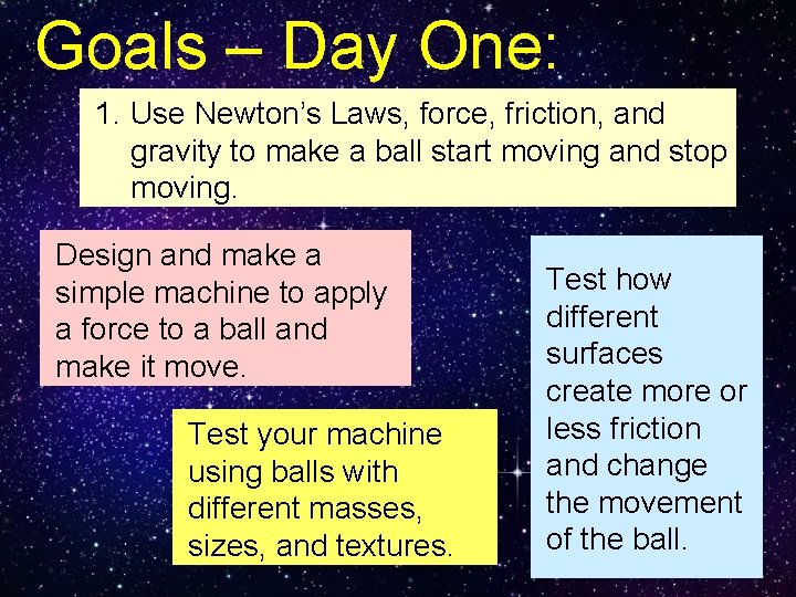 Goals – Day One: 1. Use Newton’s Laws, force, friction, and gravity to make