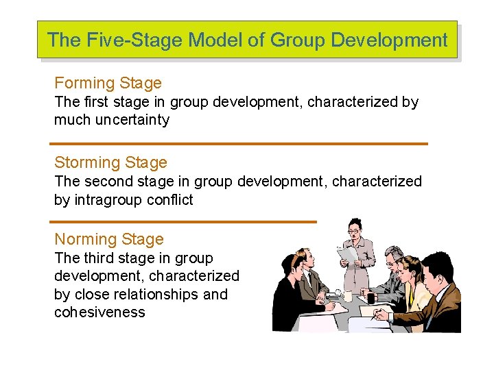 The Five-Stage Model of Group Development Forming Stage The first stage in group development,