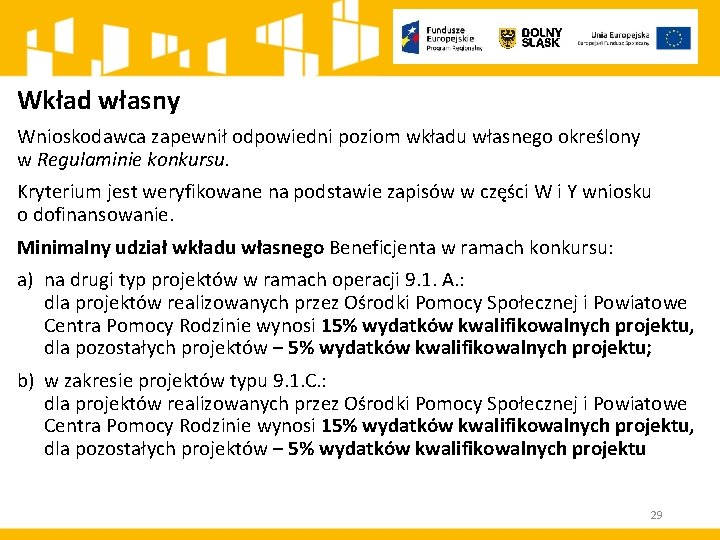 Wkład własny Wnioskodawca zapewnił odpowiedni poziom wkładu własnego określony w Regulaminie konkursu. Kryterium jest