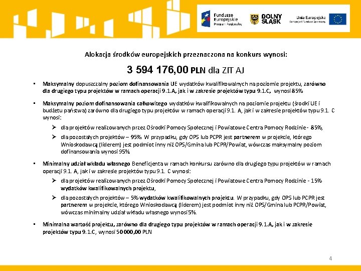 Alokacja środków europejskich przeznaczona na konkurs wynosi: 3 594 176, 00 PLN dla ZIT