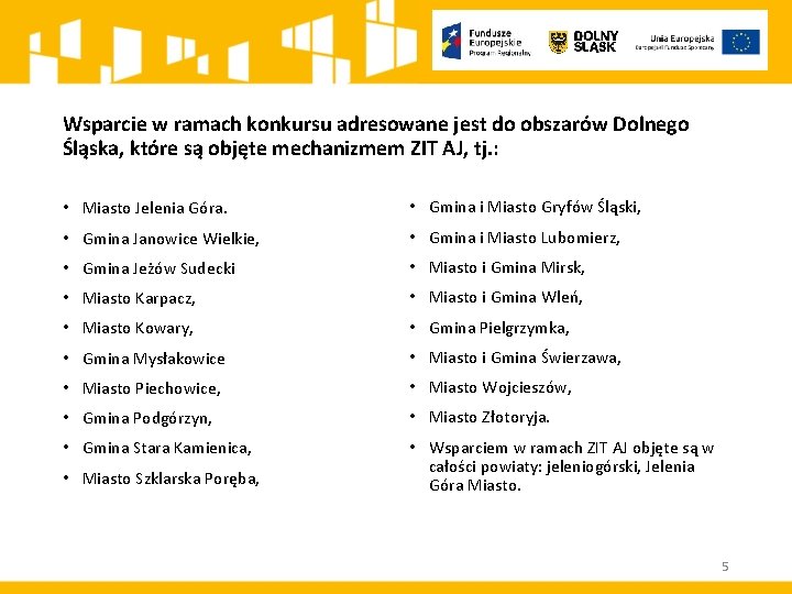 Wsparcie w ramach konkursu adresowane jest do obszarów Dolnego Śląska, które są objęte mechanizmem