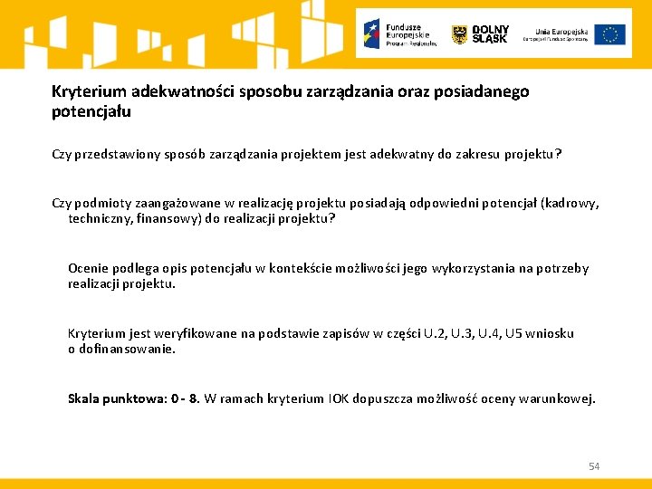 Kryterium adekwatności sposobu zarządzania oraz posiadanego potencjału Czy przedstawiony sposób zarządzania projektem jest adekwatny