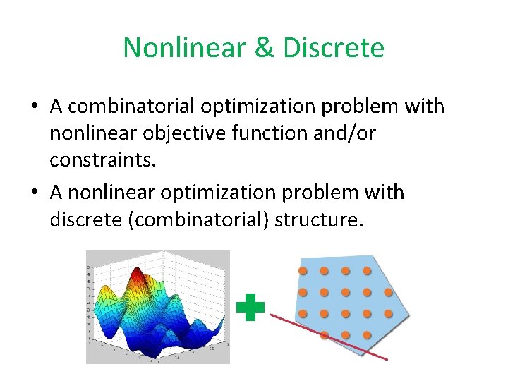 Nonlinear & Discrete • A combinatorial optimization problem with nonlinear objective function and/or constraints.