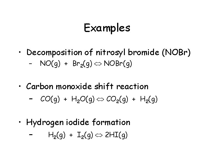 Examples • Decomposition of nitrosyl bromide (NOBr) – NO(g) + Br 2(g) NOBr(g) •