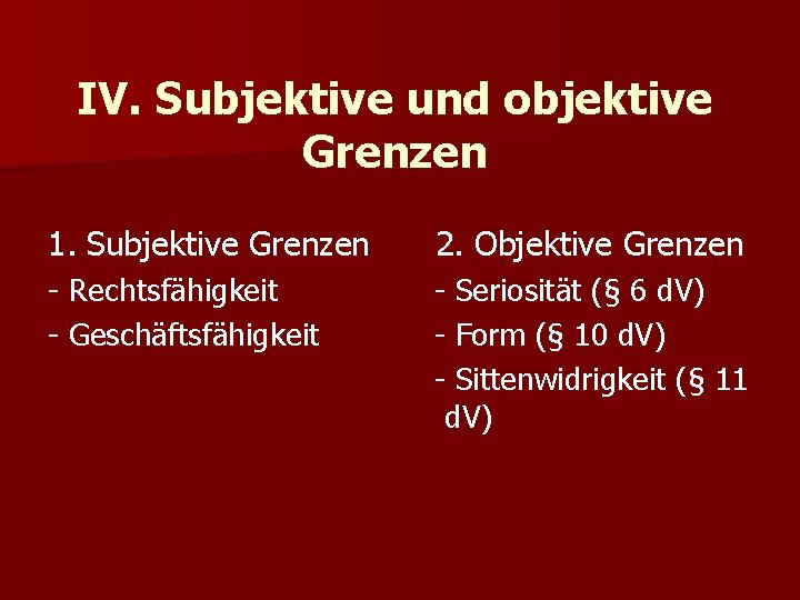 IV. Subjektive und objektive Grenzen 1. Subjektive Grenzen 2. Objektive Grenzen - Rechtsfähigkeit -