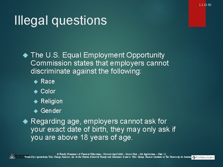 1. 1. 13. G 1 Illegal questions The U. S. Equal Employment Opportunity Commission