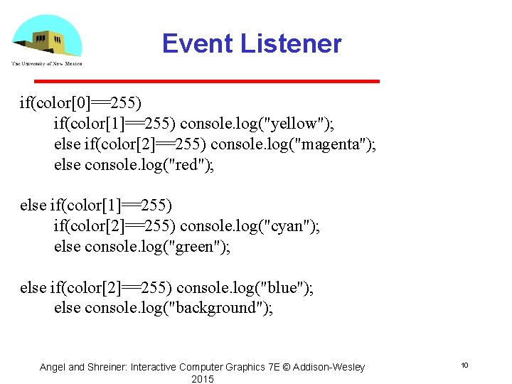 Event Listener if(color[0]==255) if(color[1]==255) console. log("yellow"); else if(color[2]==255) console. log("magenta"); else console. log("red"); else
