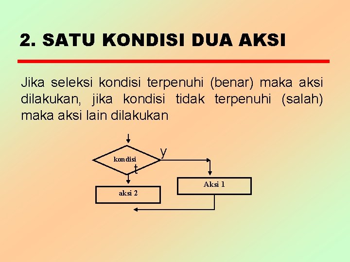 2. SATU KONDISI DUA AKSI Jika seleksi kondisi terpenuhi (benar) maka aksi dilakukan, jika